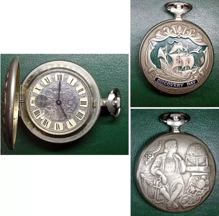 Molnija Pocket Watch "Discovery Day" Embossed Teal Enamel Case